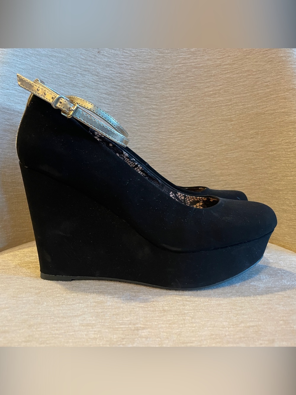 Report Black Suede Wedge with Metallic Ankle Strap